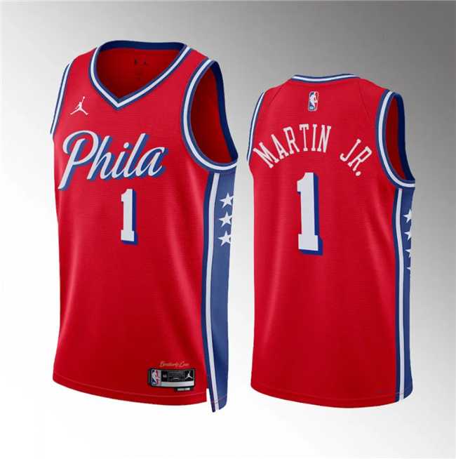 Men%27s Philadelphia 76ers #1 Kenyon Martin Jr Red Statement Edition Stitched Jersey Dzhi